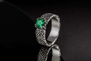 Norse Ornament Ring with Green Cubic Zirconia Sterling Silver Handmade Jewelry - vikingworkshop