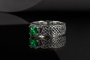 Norse Ornament Ring with Green Cubic Zirconia Sterling Silver Handmade Jewelry - vikingworkshop
