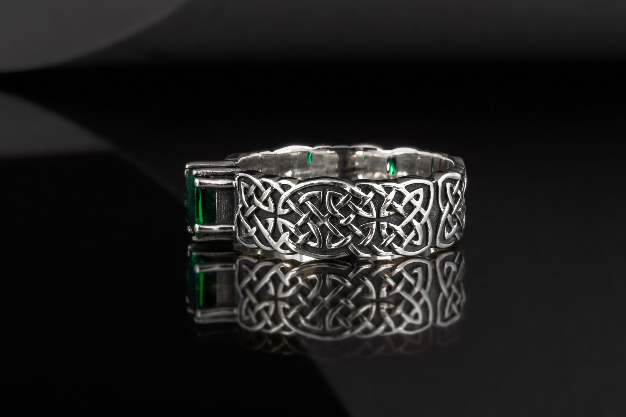 Norse Ornament Ring with Green Cubic Zirconia Sterling Silver Handmade Jewelry - vikingworkshop