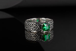 Norse Ornament Ring with Green Cubic Zirconia Sterling Silver Handmade Jewelry - vikingworkshop