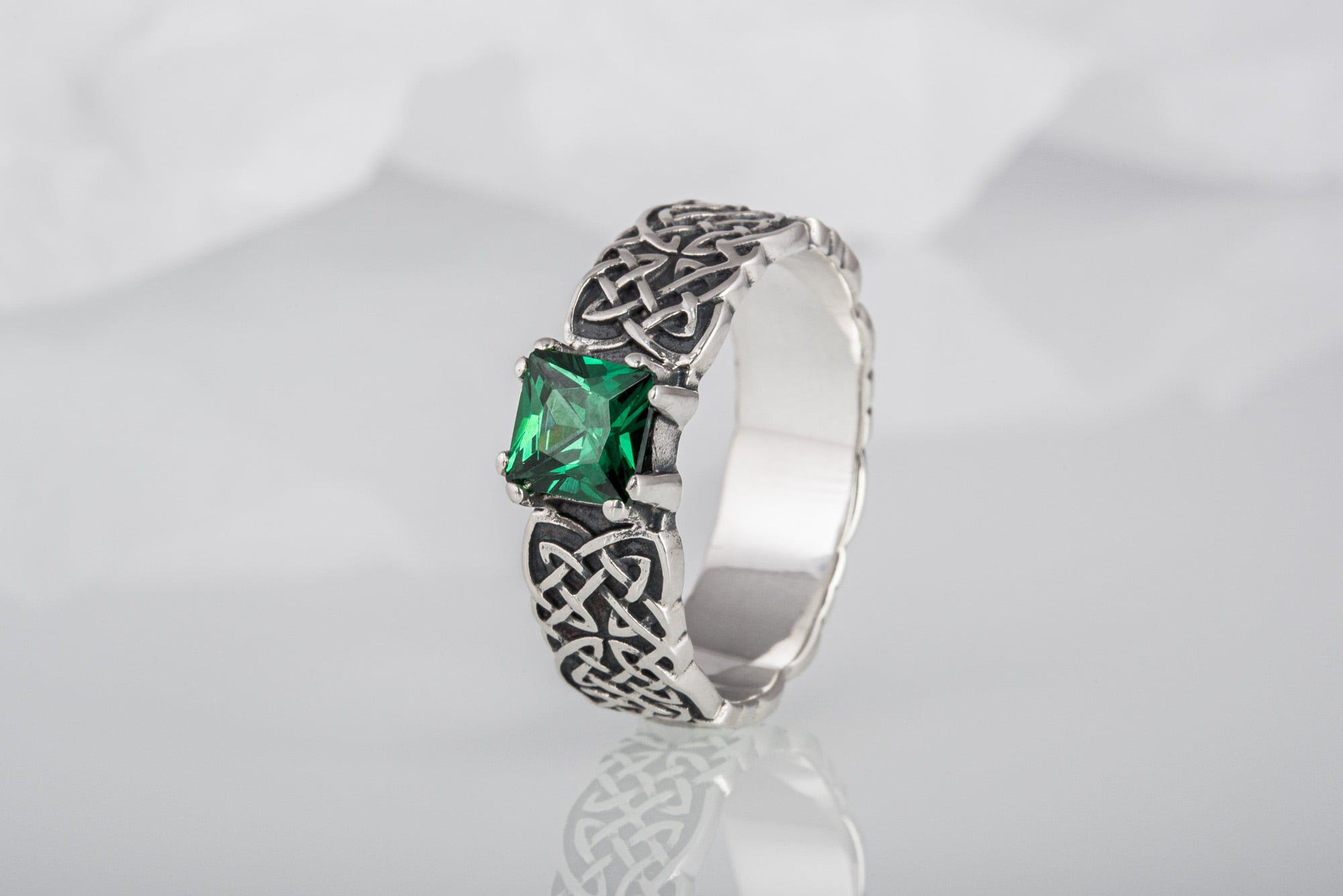 Norse Ornament Ring with Green Cubic Zirconia Sterling Silver Handmade Jewelry - vikingworkshop