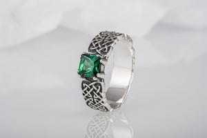 Norse Ornament Ring with Green Cubic Zirconia Sterling Silver Handmade Jewelry - vikingworkshop