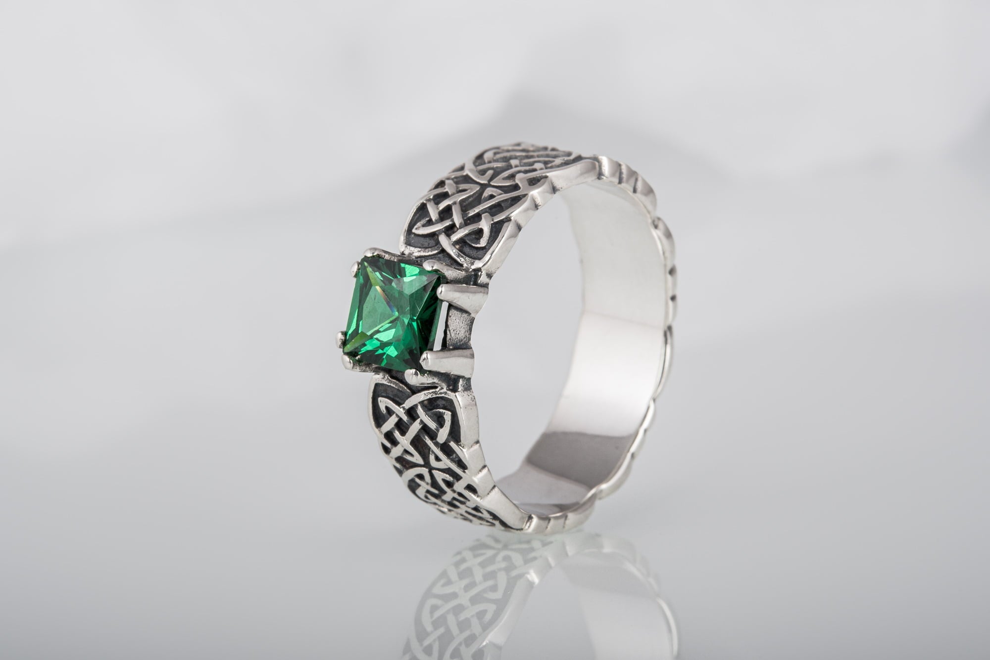 Norse Ornament Ring with Green Cubic Zirconia Sterling Silver Handmade Jewelry - vikingworkshop