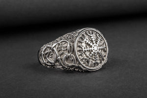 Helm of Awe Symbol with Urnes Style Sterling Silver Ruthenium Plated Norse Ring - vikingworkshop