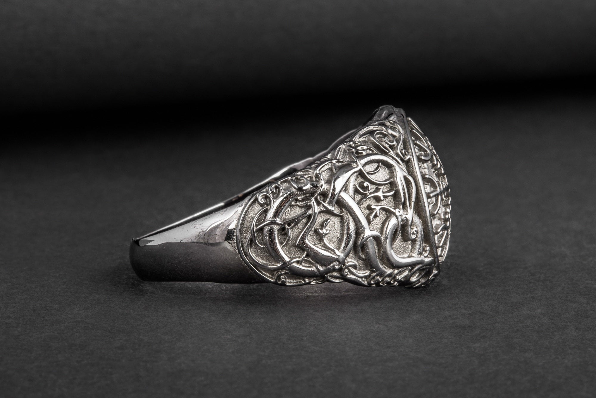 Helm of Awe Symbol with Urnes Style Sterling Silver Ruthenium Plated Norse Ring - vikingworkshop