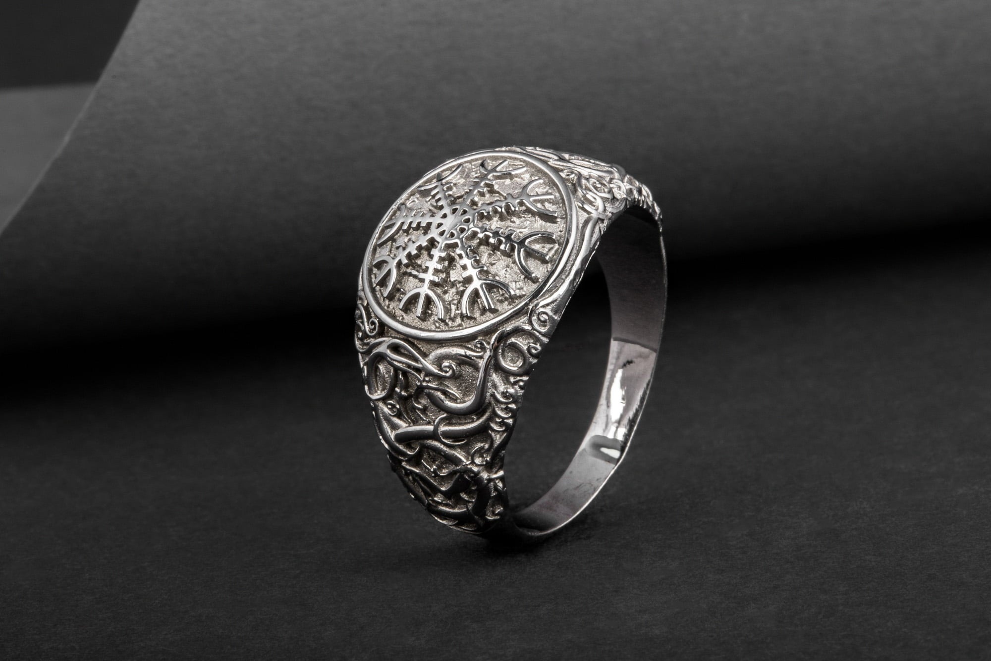 Helm of Awe Symbol with Urnes Style Sterling Silver Ruthenium Plated Norse Ring - vikingworkshop