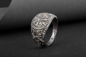 Helm of Awe Symbol with Urnes Style Sterling Silver Ruthenium Plated Norse Ring - vikingworkshop