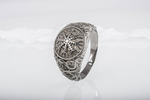 Helm of Awe Symbol with Urnes Style Sterling Silver Ruthenium Plated Norse Ring - vikingworkshop