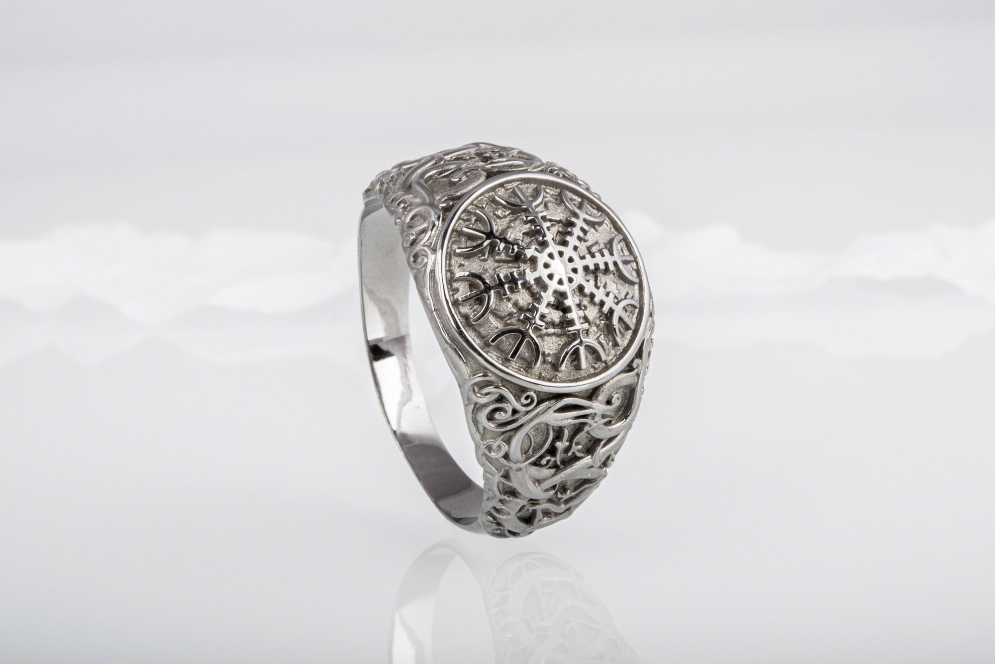 Helm of Awe Symbol with Urnes Style Sterling Silver Ruthenium Plated Norse Ring - vikingworkshop