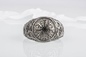 Helm of Awe Symbol with Urnes Style Sterling Silver Ruthenium Plated Norse Ring - vikingworkshop