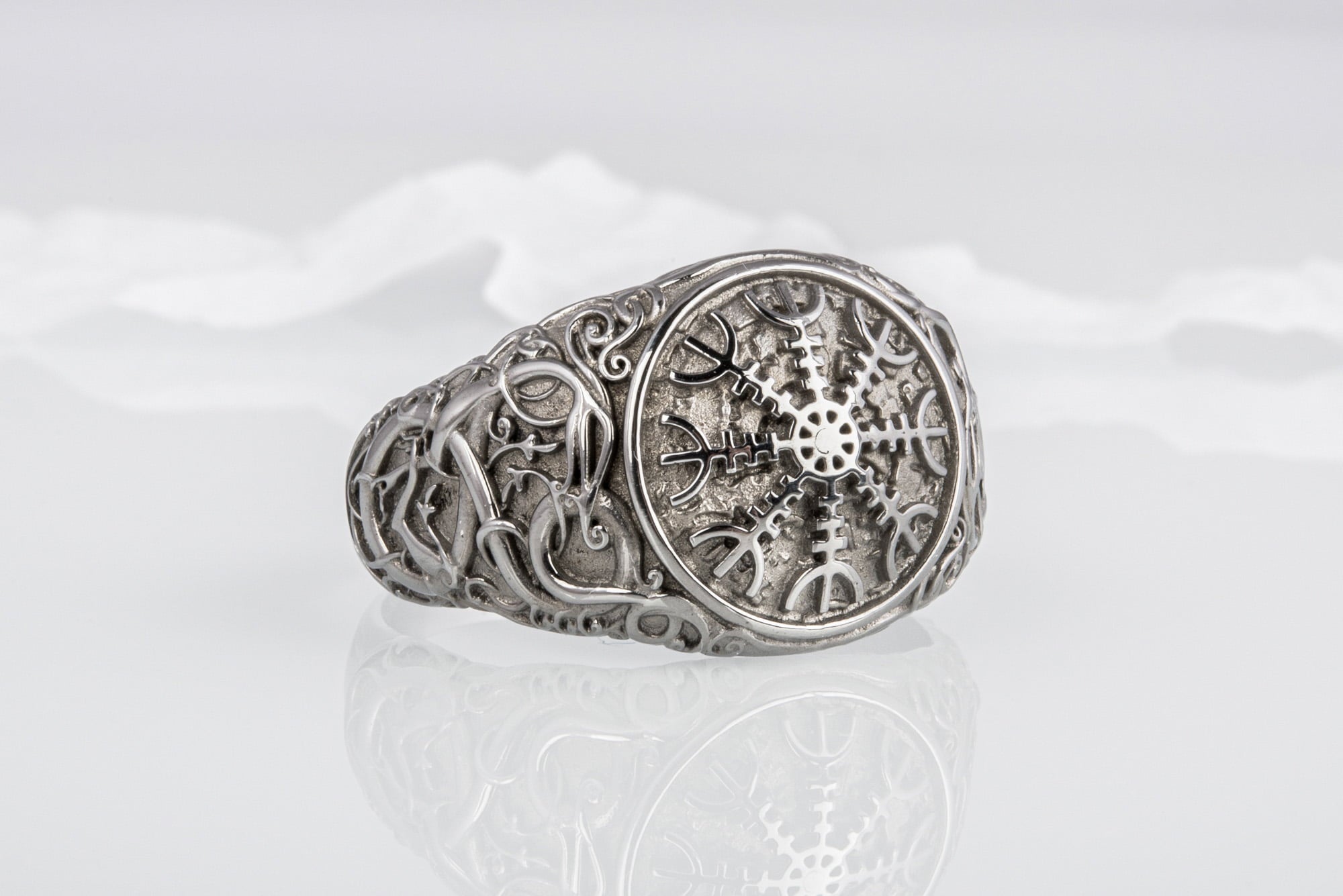 Helm of Awe Symbol with Urnes Style Sterling Silver Ruthenium Plated Norse Ring - vikingworkshop