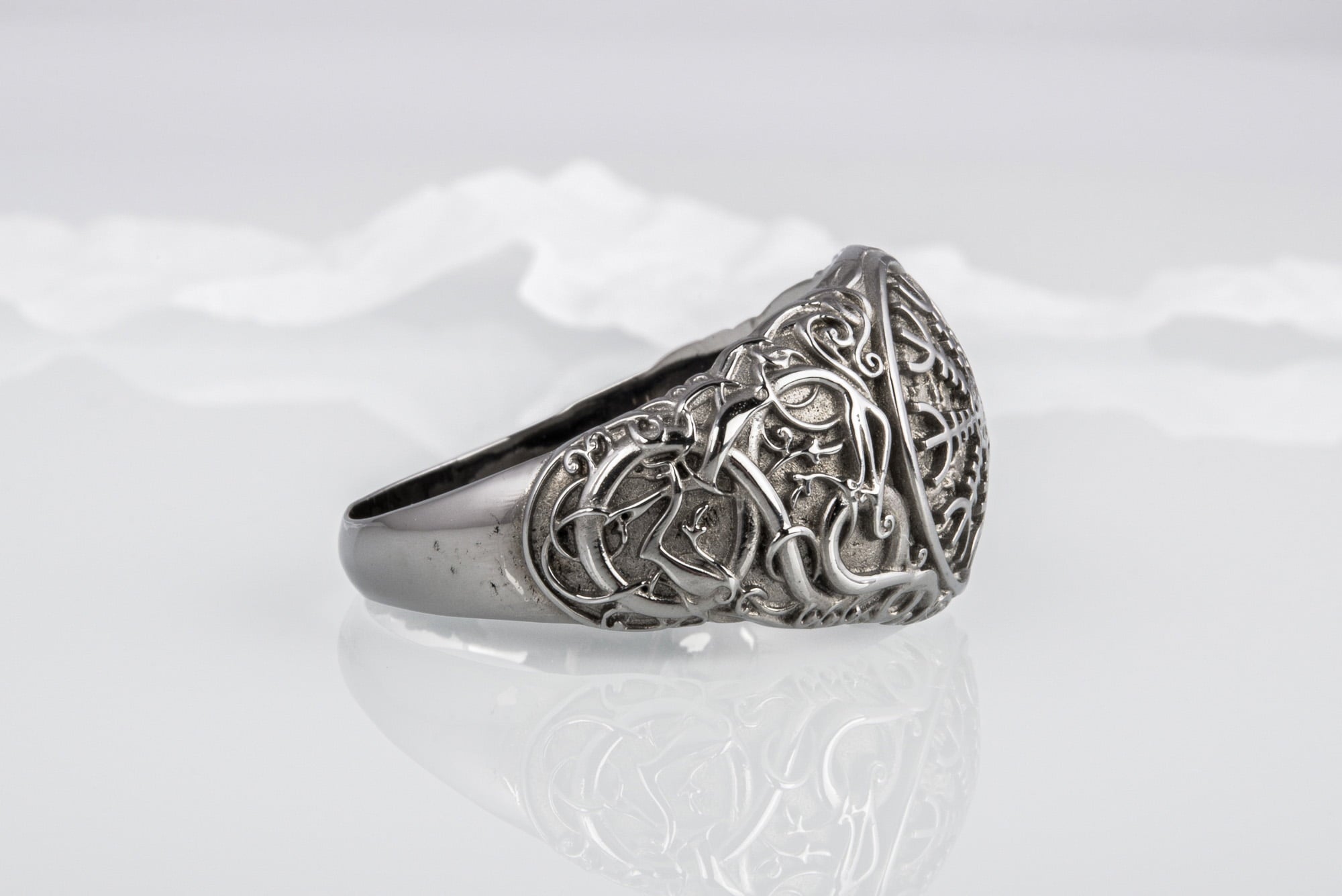 Helm of Awe Symbol with Urnes Style Sterling Silver Ruthenium Plated Norse Ring - vikingworkshop