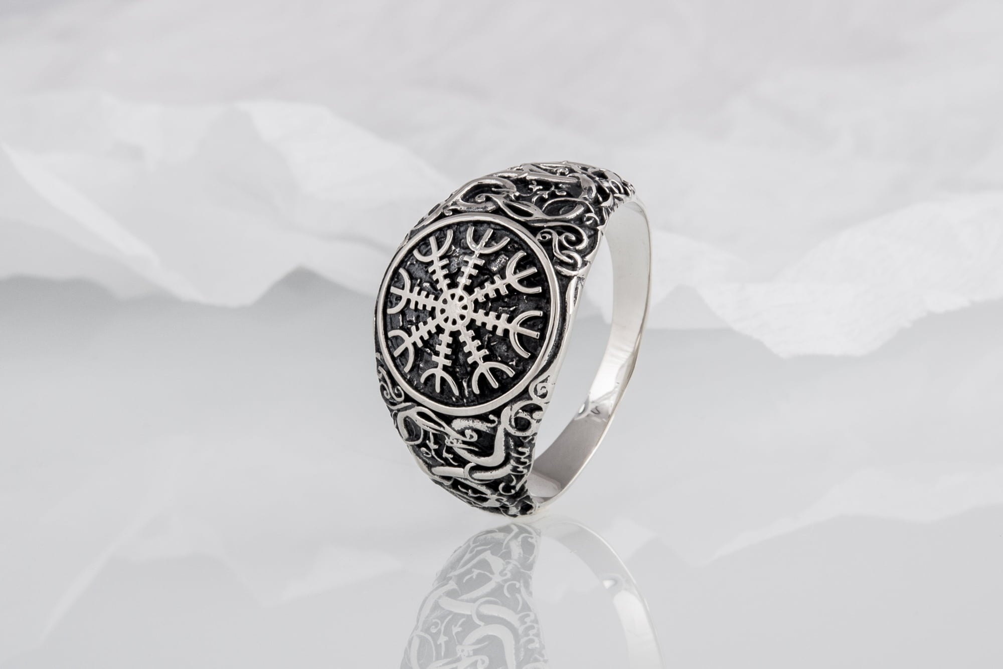 Helm of Awe Symbol with Urnes Style Sterling Silver Norse Ring - vikingworkshop