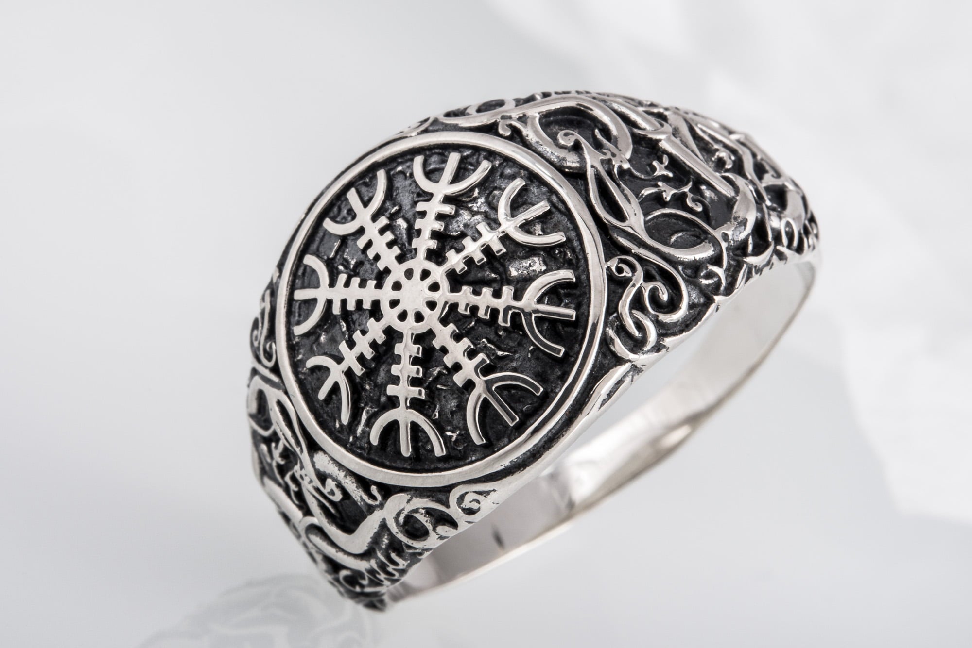 Helm of Awe Symbol with Urnes Style Sterling Silver Norse Ring - vikingworkshop