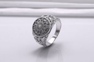 950 Platinum Black Sun Symbol Ring with Urnes Style, Handmade Norse Jewelry - vikingworkshop