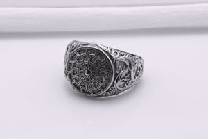 950 Platinum Black Sun Symbol Ring with Urnes Style, Handmade Norse Jewelry - vikingworkshop