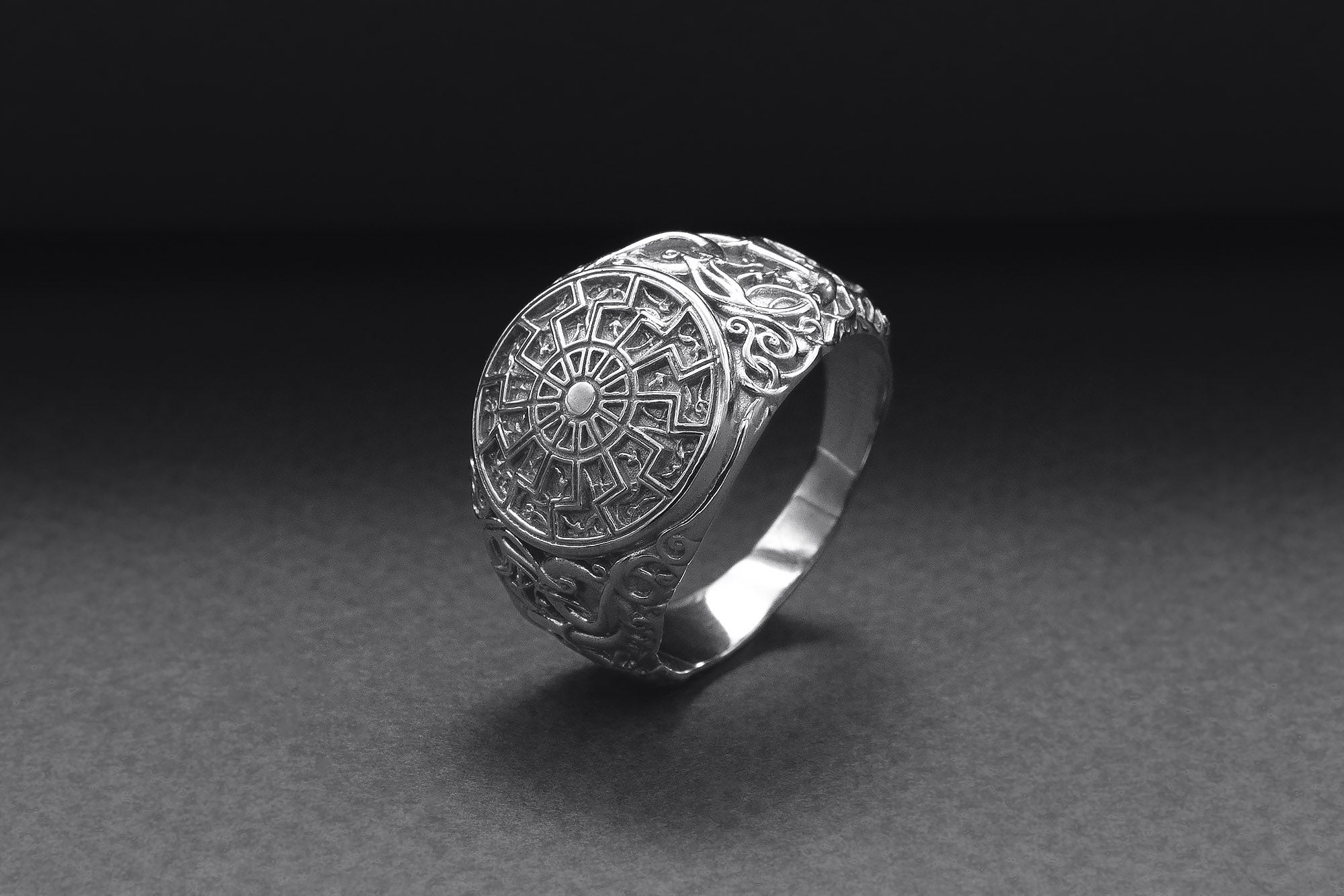 950 Platinum Black Sun Symbol Ring with Urnes Style, Handmade Norse Jewelry - vikingworkshop