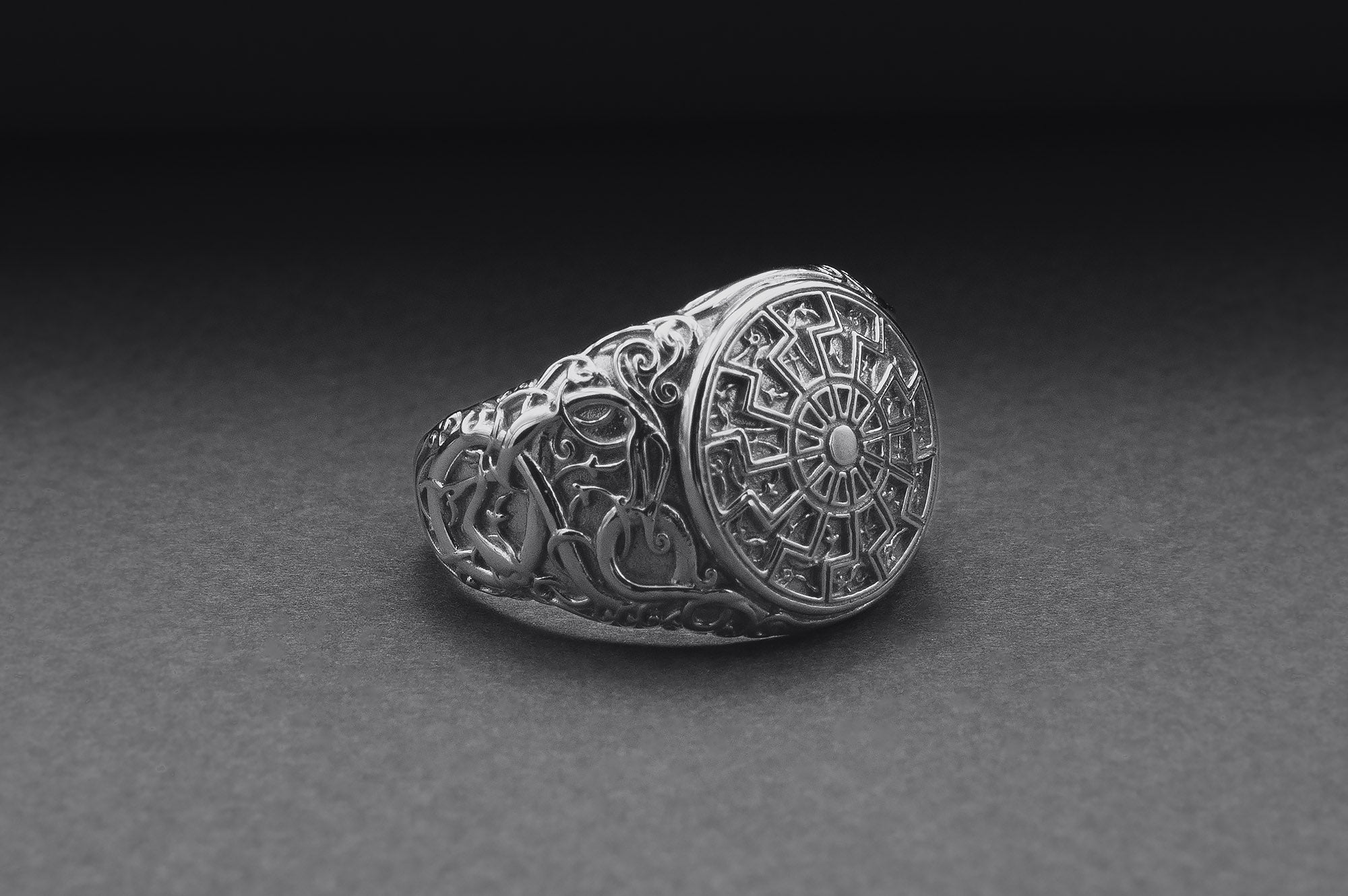 950 Platinum Black Sun Symbol Ring with Urnes Style, Handmade Norse Jewelry - vikingworkshop