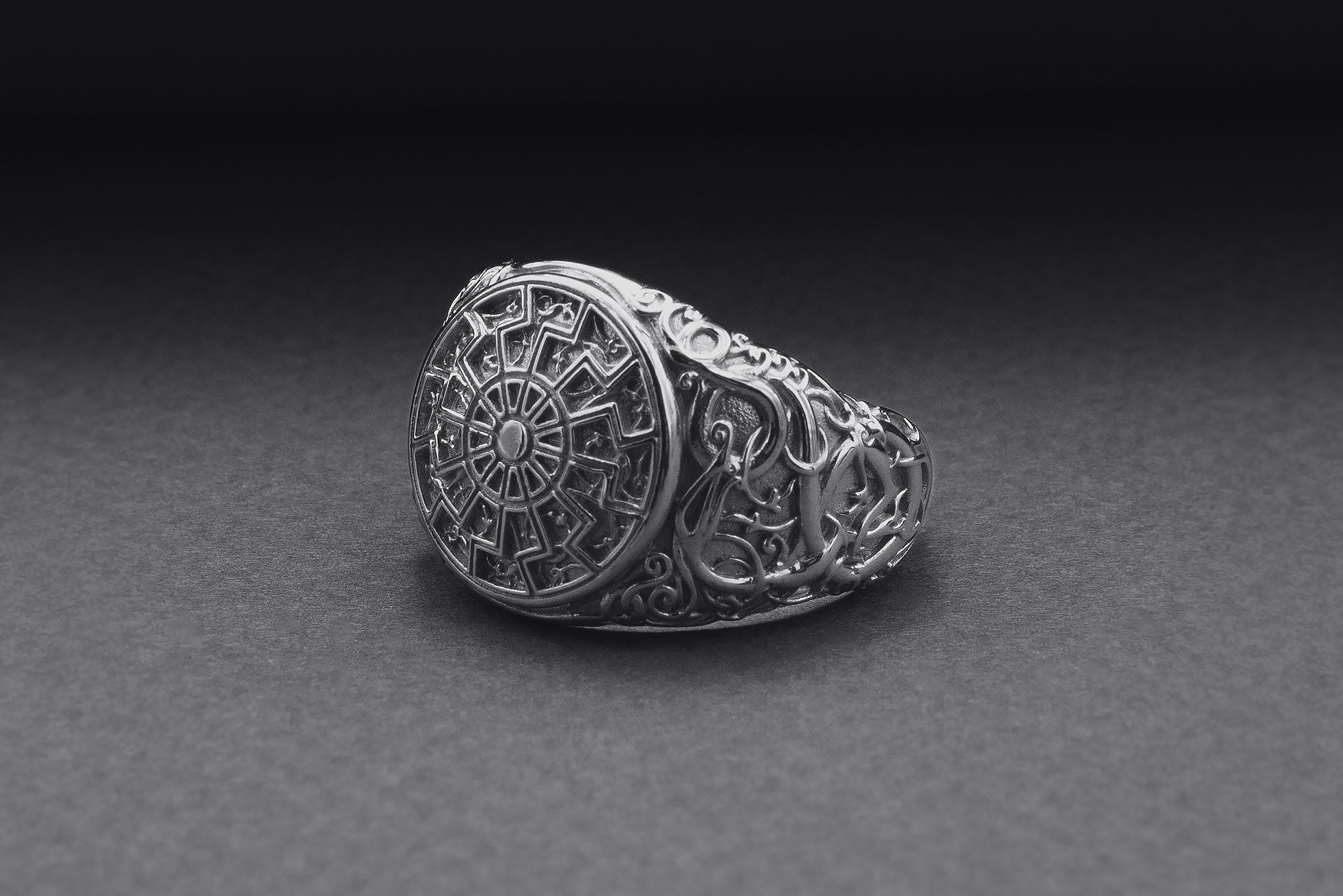 950 Platinum Black Sun Symbol Ring with Urnes Style, Handmade Norse Jewelry - vikingworkshop