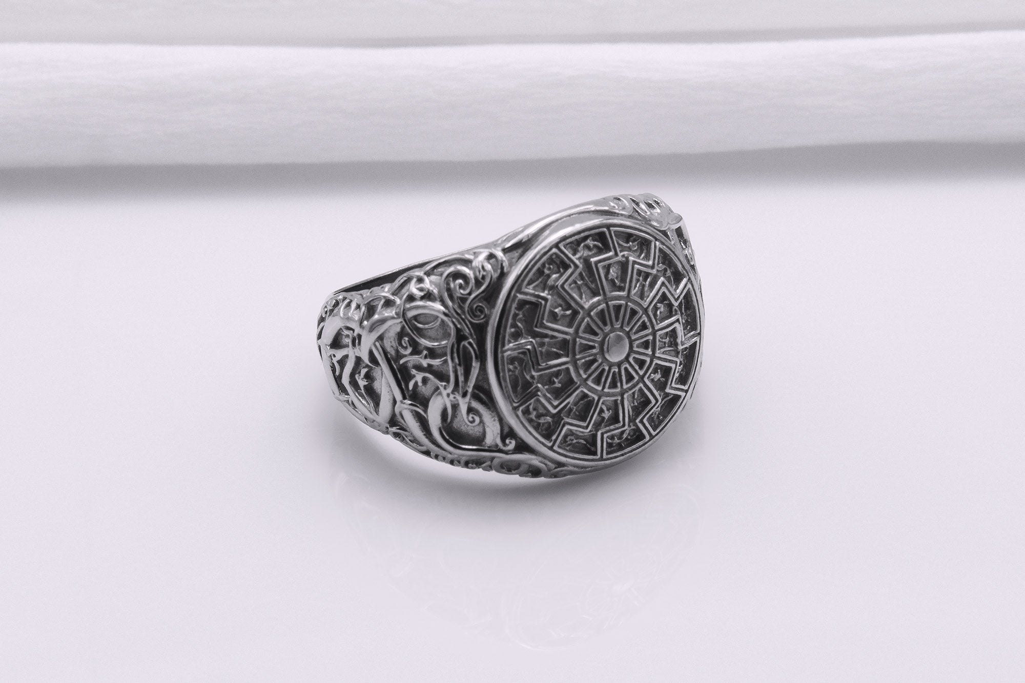 950 Platinum Black Sun Symbol Ring with Urnes Style, Handmade Norse Jewelry - vikingworkshop