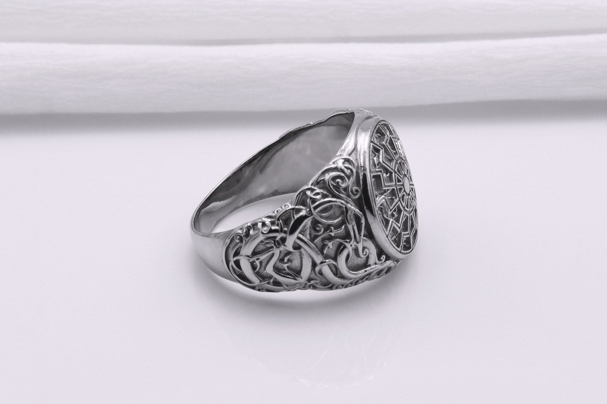 950 Platinum Black Sun Symbol Ring with Urnes Style, Handmade Norse Jewelry - vikingworkshop