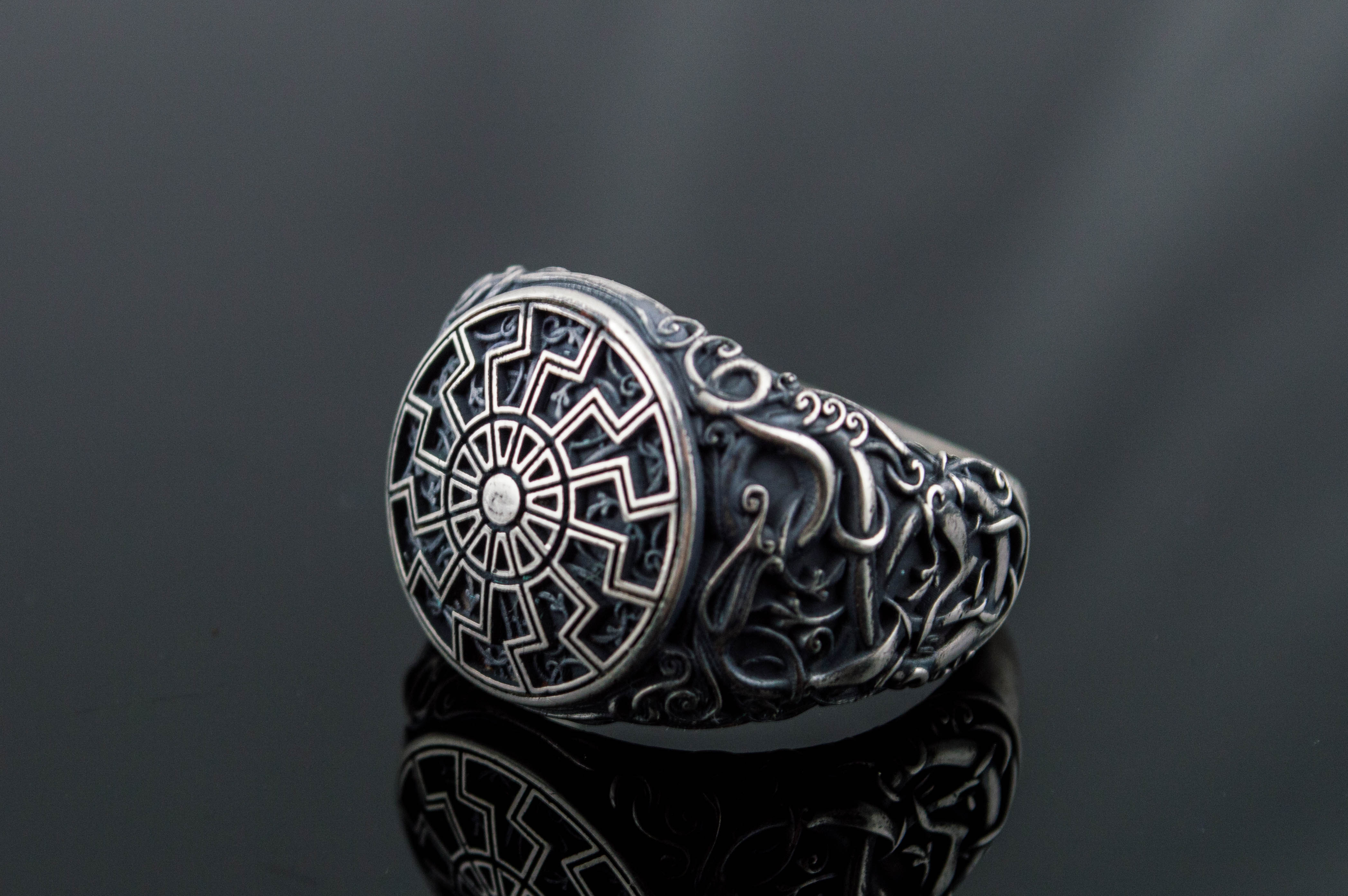 Black Sun Symbol with Urnes Style Sterling Silver Norse Ring - vikingworkshop