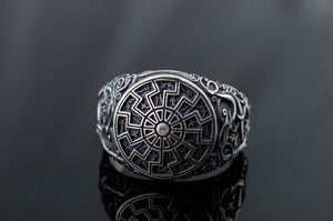 Black Sun Symbol with Urnes Style Sterling Silver Norse Ring - vikingworkshop