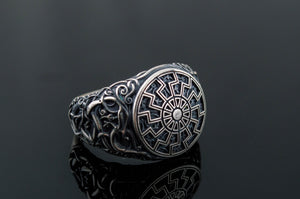 Black Sun Symbol with Urnes Style Sterling Silver Norse Ring - vikingworkshop