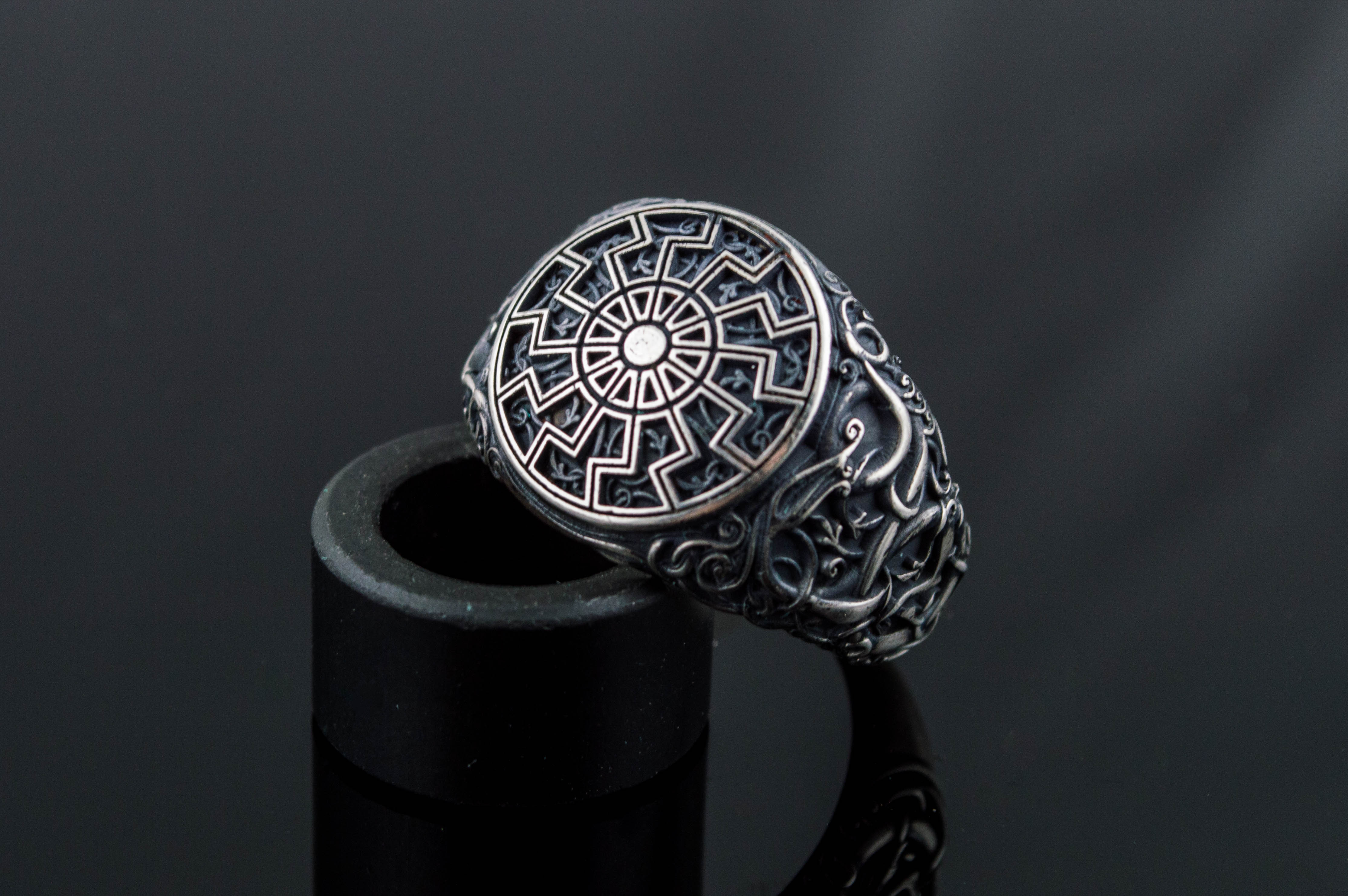 Black Sun Symbol with Urnes Style Sterling Silver Norse Ring - vikingworkshop