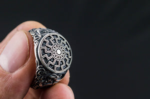 Black Sun Symbol with Urnes Style Sterling Silver Norse Ring - vikingworkshop