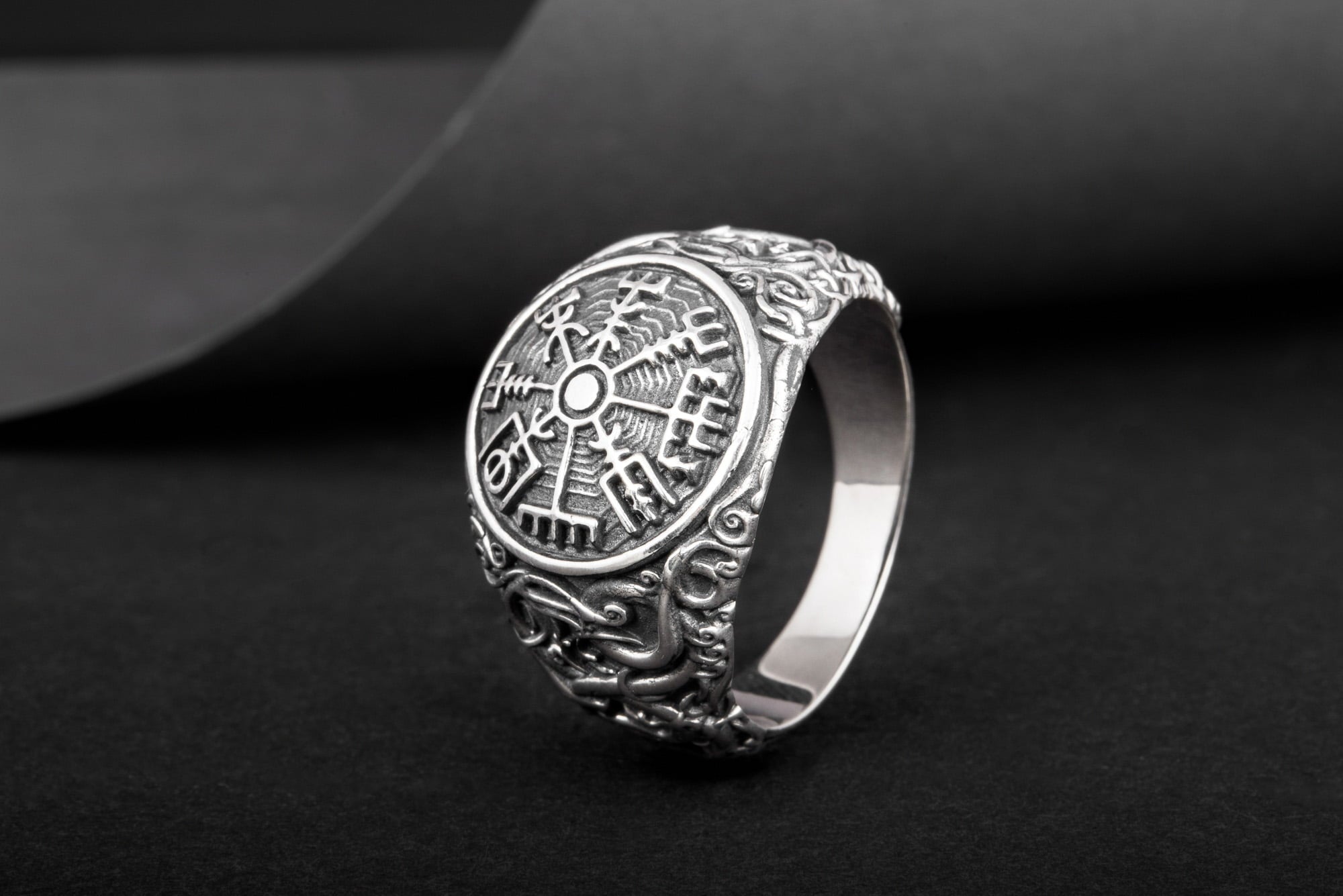 Vegvisir Symbol Ring with Urnes Style Sterling Silver Norse Jewelry - vikingworkshop