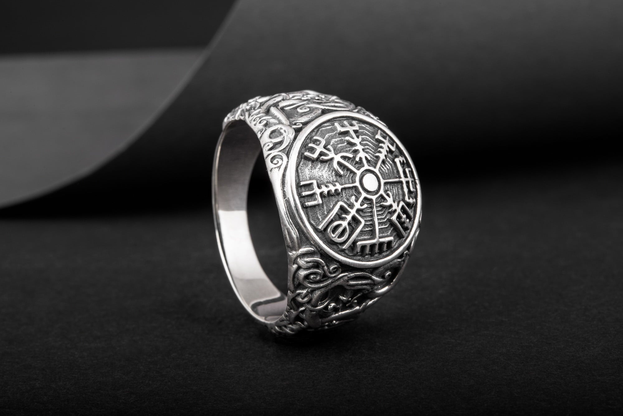 Vegvisir Symbol Ring with Urnes Style Sterling Silver Norse Jewelry - vikingworkshop