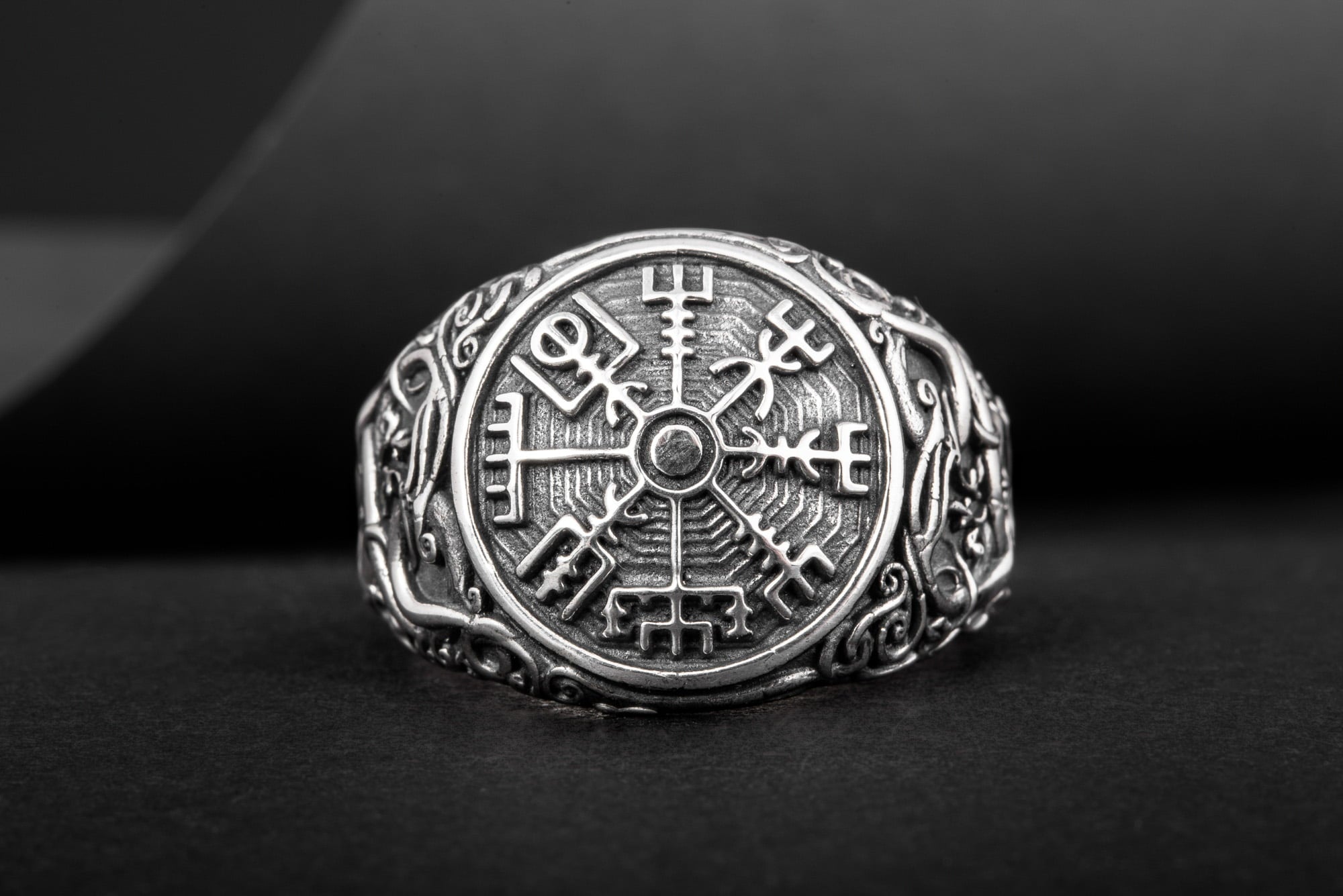 Vegvisir Symbol Ring with Urnes Style Sterling Silver Norse Jewelry - vikingworkshop