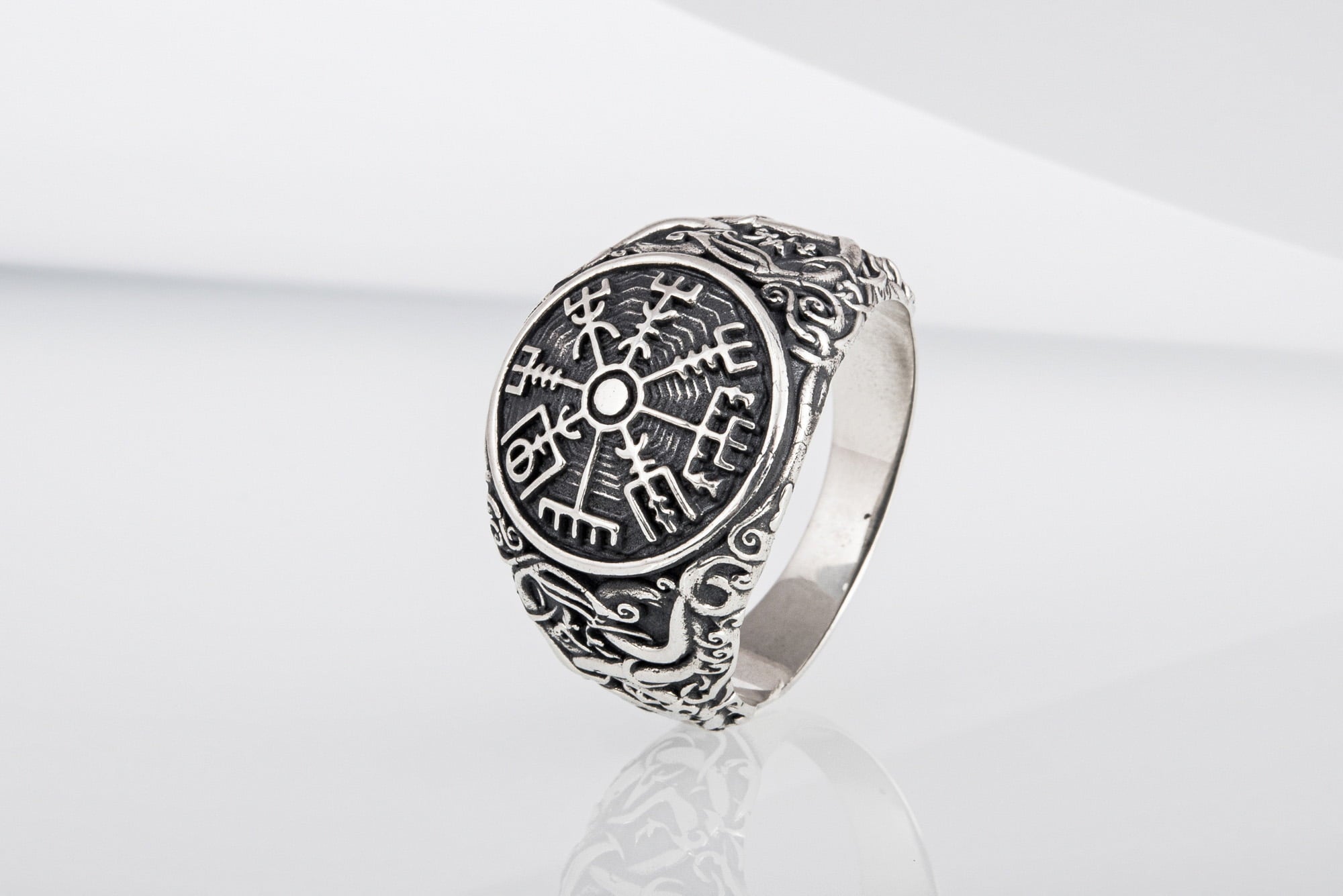 Vegvisir Symbol Ring with Urnes Style Sterling Silver Norse Jewelry - vikingworkshop