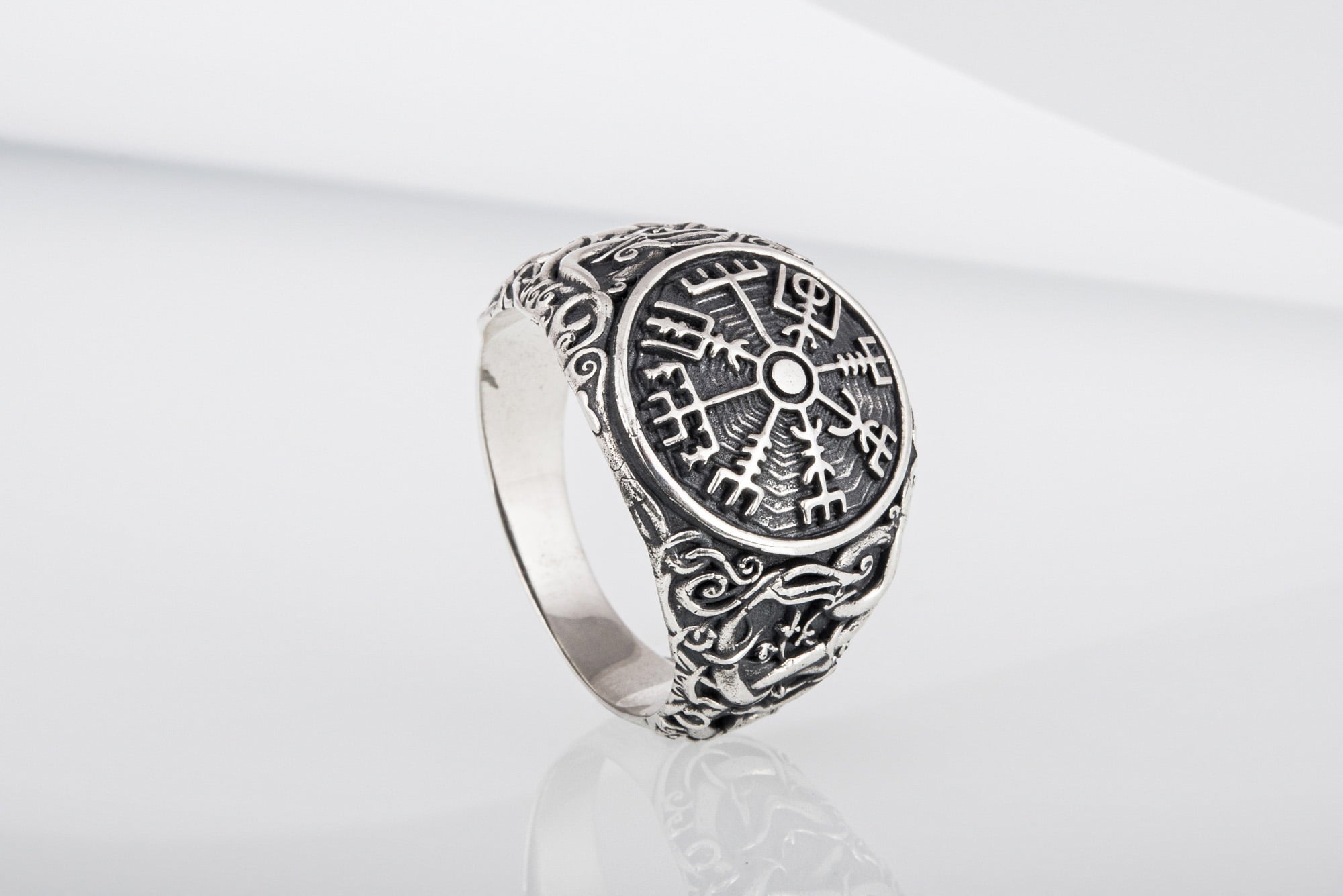 Vegvisir Symbol Ring with Urnes Style Sterling Silver Norse Jewelry - vikingworkshop