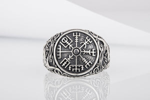 Vegvisir Symbol Ring with Urnes Style Sterling Silver Norse Jewelry - vikingworkshop