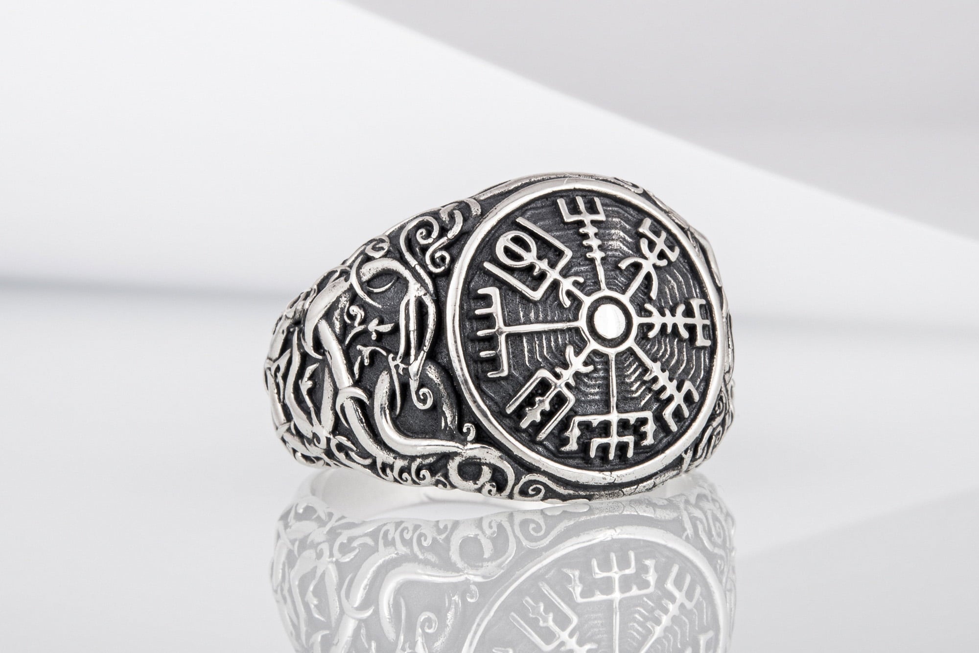 Vegvisir Symbol Ring with Urnes Style Sterling Silver Norse Jewelry - vikingworkshop