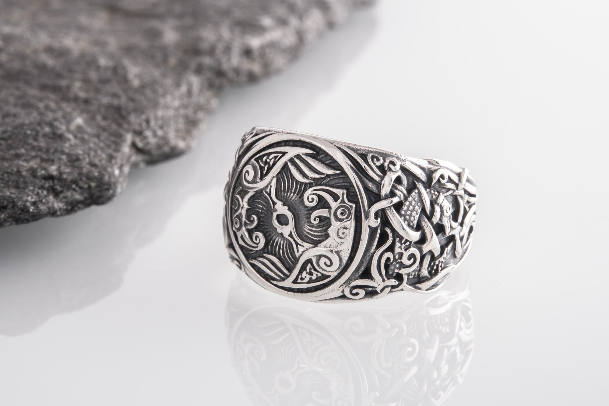 Raven Ring with Mammen Ornament Sterling Silver Viking Jewelry - vikingworkshop