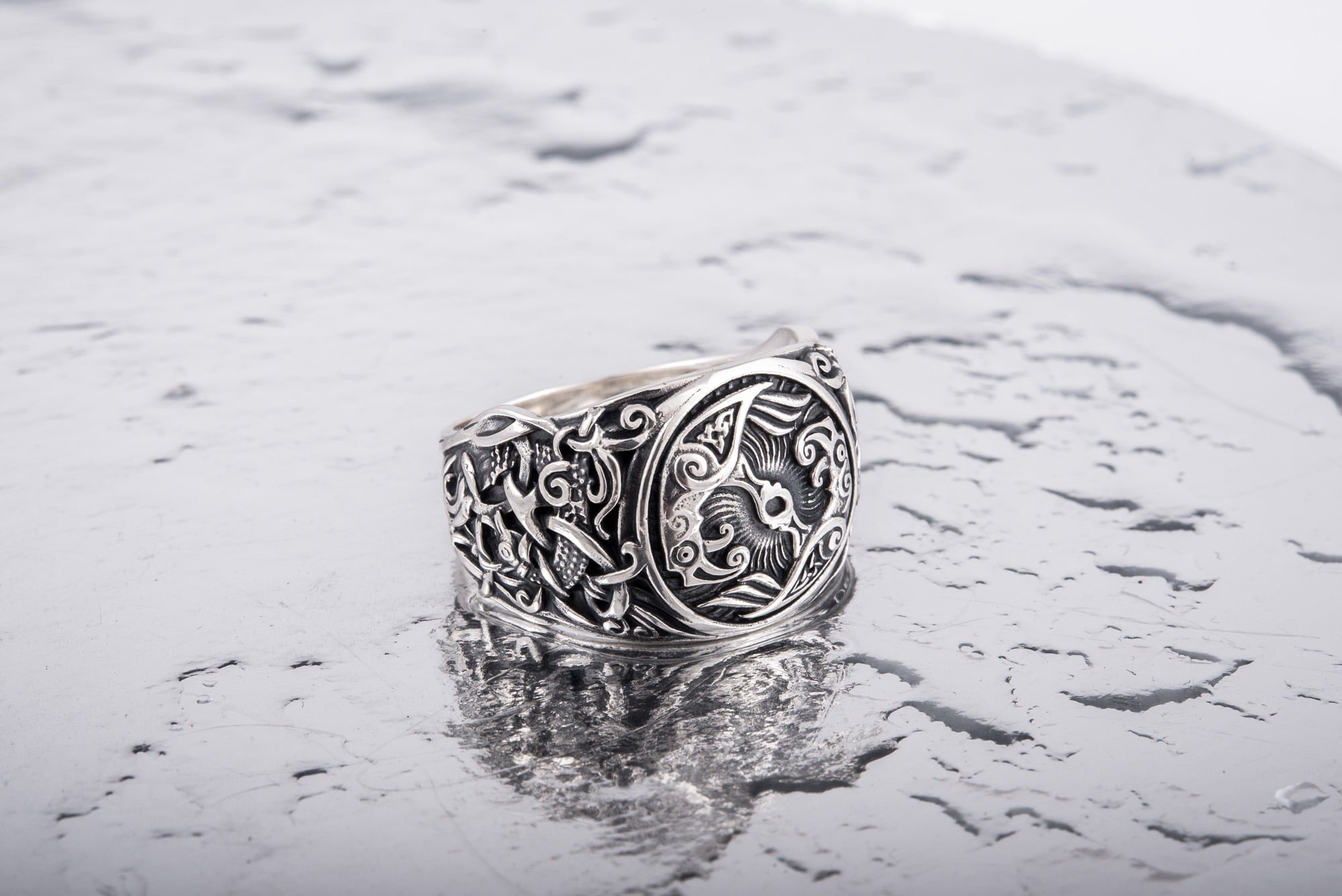 Raven Ring with Mammen Ornament Sterling Silver Viking Jewelry - vikingworkshop