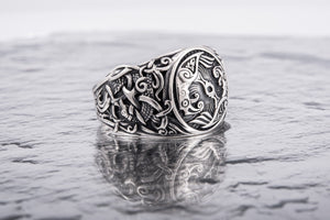 Raven Ring with Mammen Ornament Sterling Silver Viking Jewelry - vikingworkshop