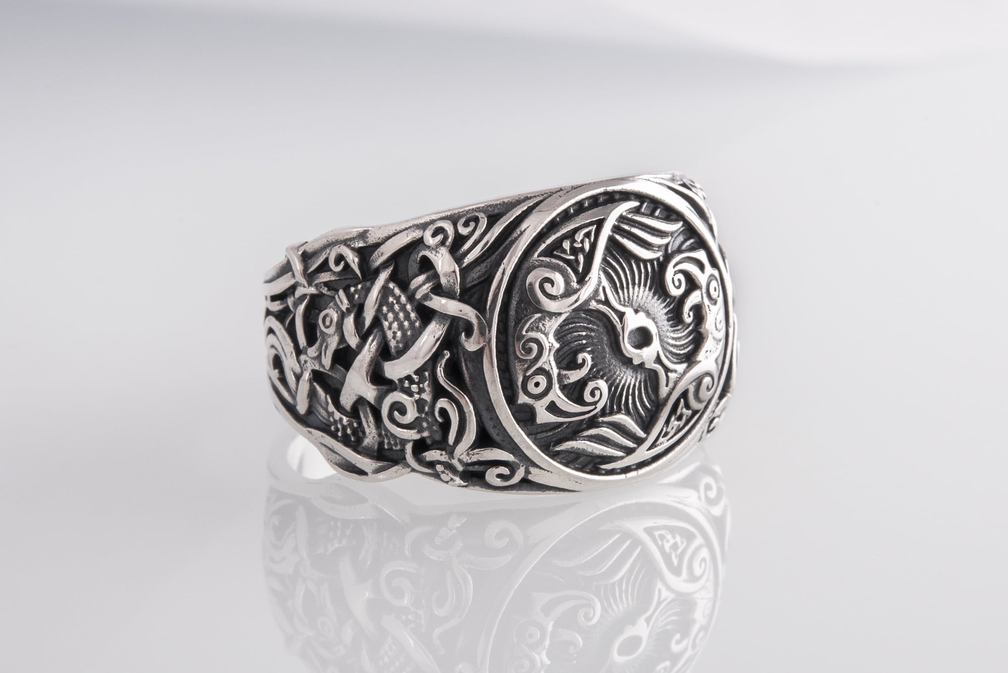 Raven Ring with Mammen Ornament Sterling Silver Viking Jewelry - vikingworkshop