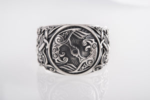 Raven Ring with Mammen Ornament Sterling Silver Viking Jewelry - vikingworkshop