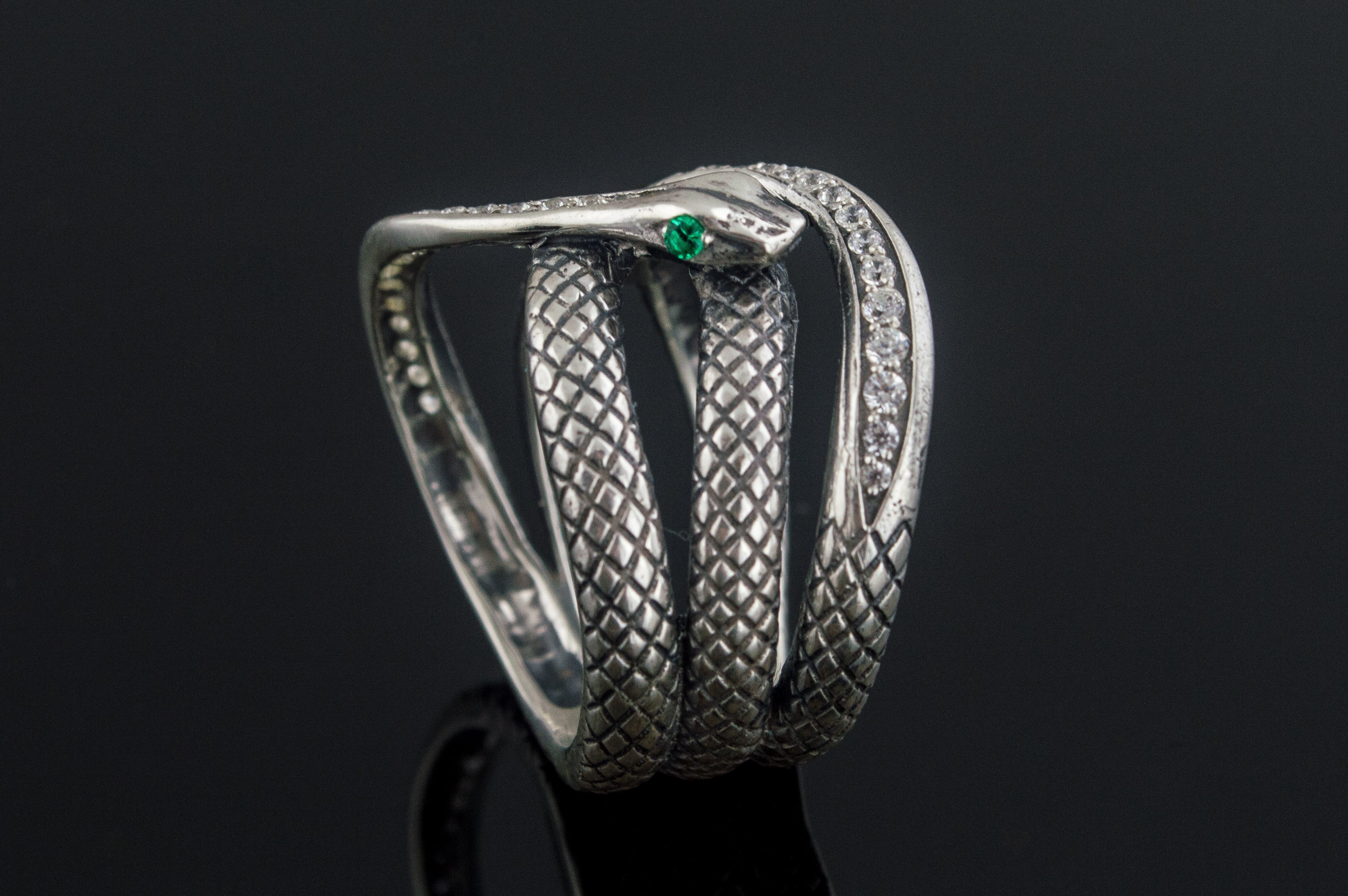 Unique Handmade Snake Ring with Gem Sterling Silver Jewelry - vikingworkshop