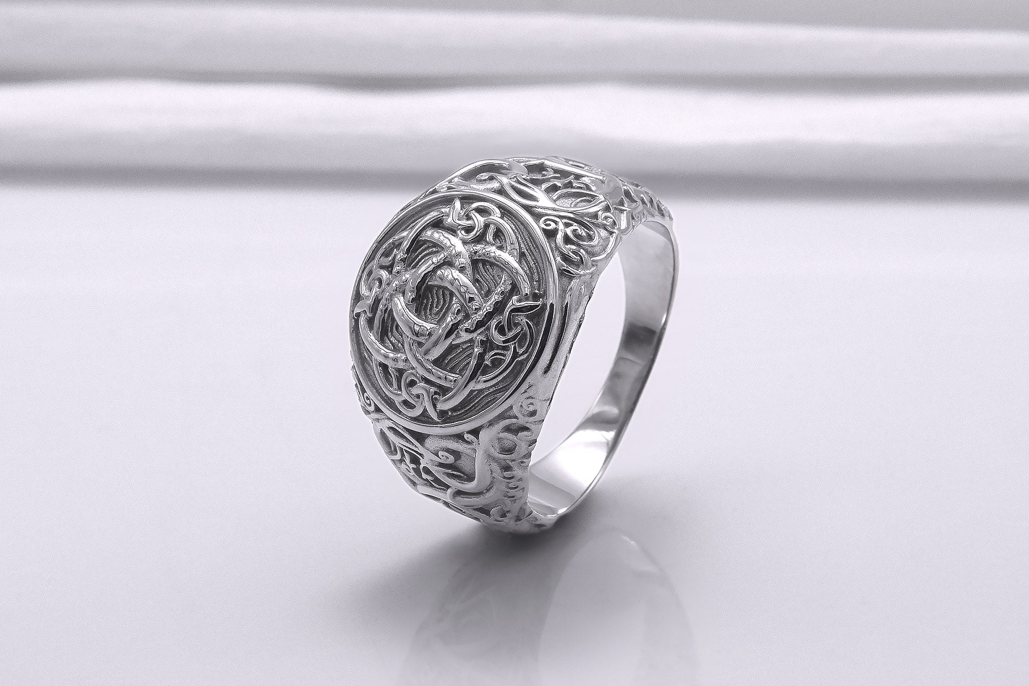 950 Platinum Jormungandr Symbol Ring with Urnes Handmade Norse Jewelry - vikingworkshop