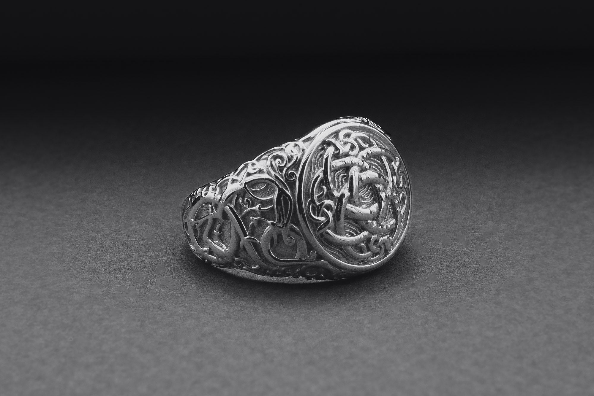 950 Platinum Jormungandr Symbol Ring with Urnes Handmade Norse Jewelry - vikingworkshop