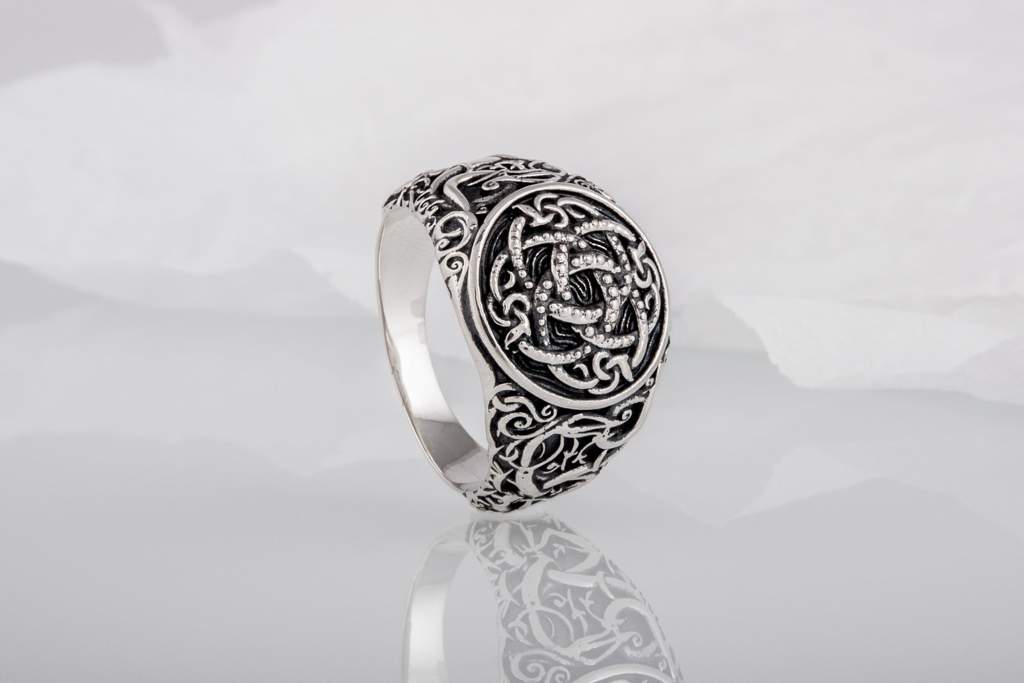 Jormungandr Symbol with Urnes Style Sterling Silver Norse Ring - vikingworkshop