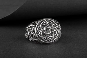 Jormungandr Symbol with Urnes Style Sterling Silver Norse Ring - vikingworkshop