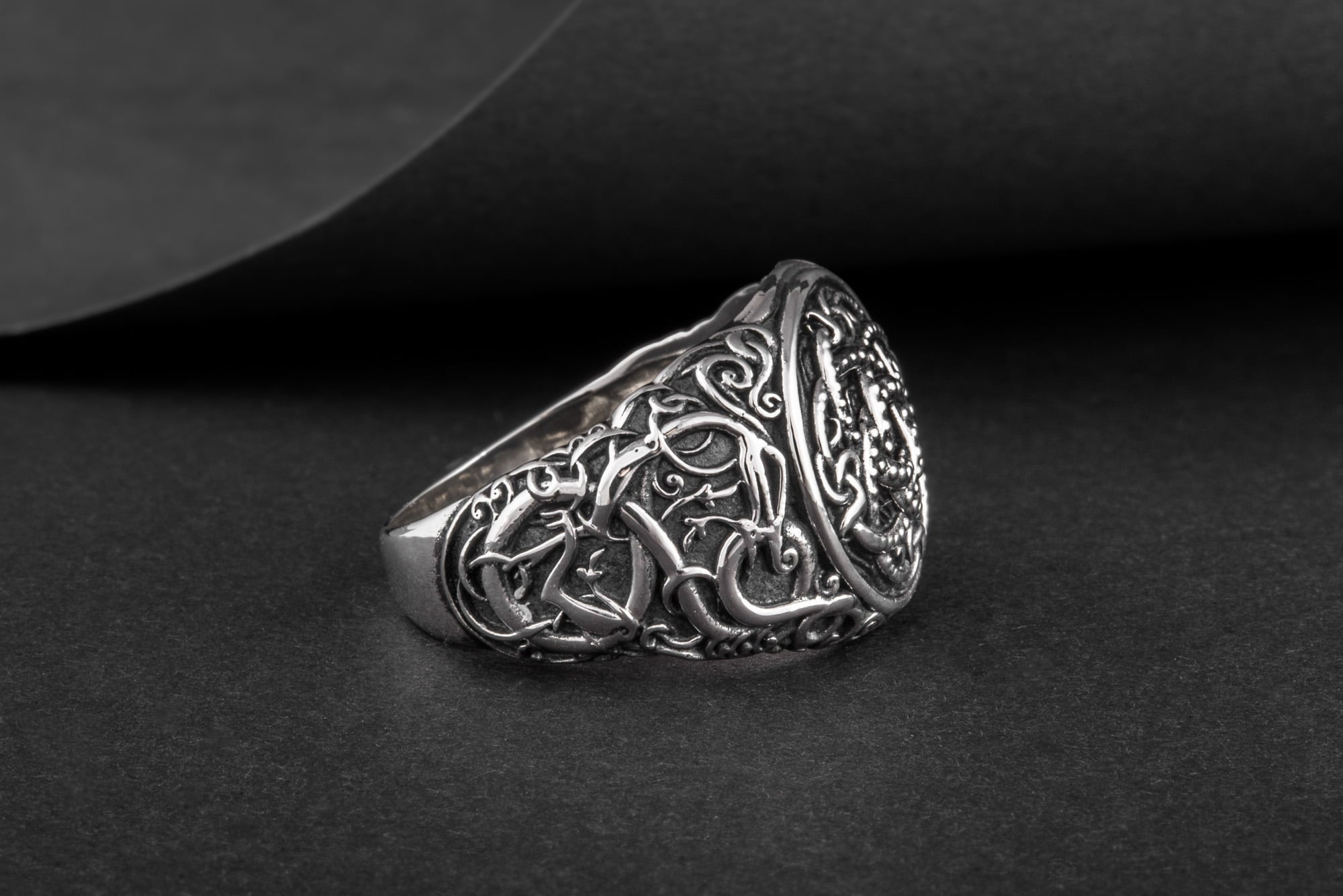 Jormungandr Symbol with Urnes Style Sterling Silver Norse Ring - vikingworkshop