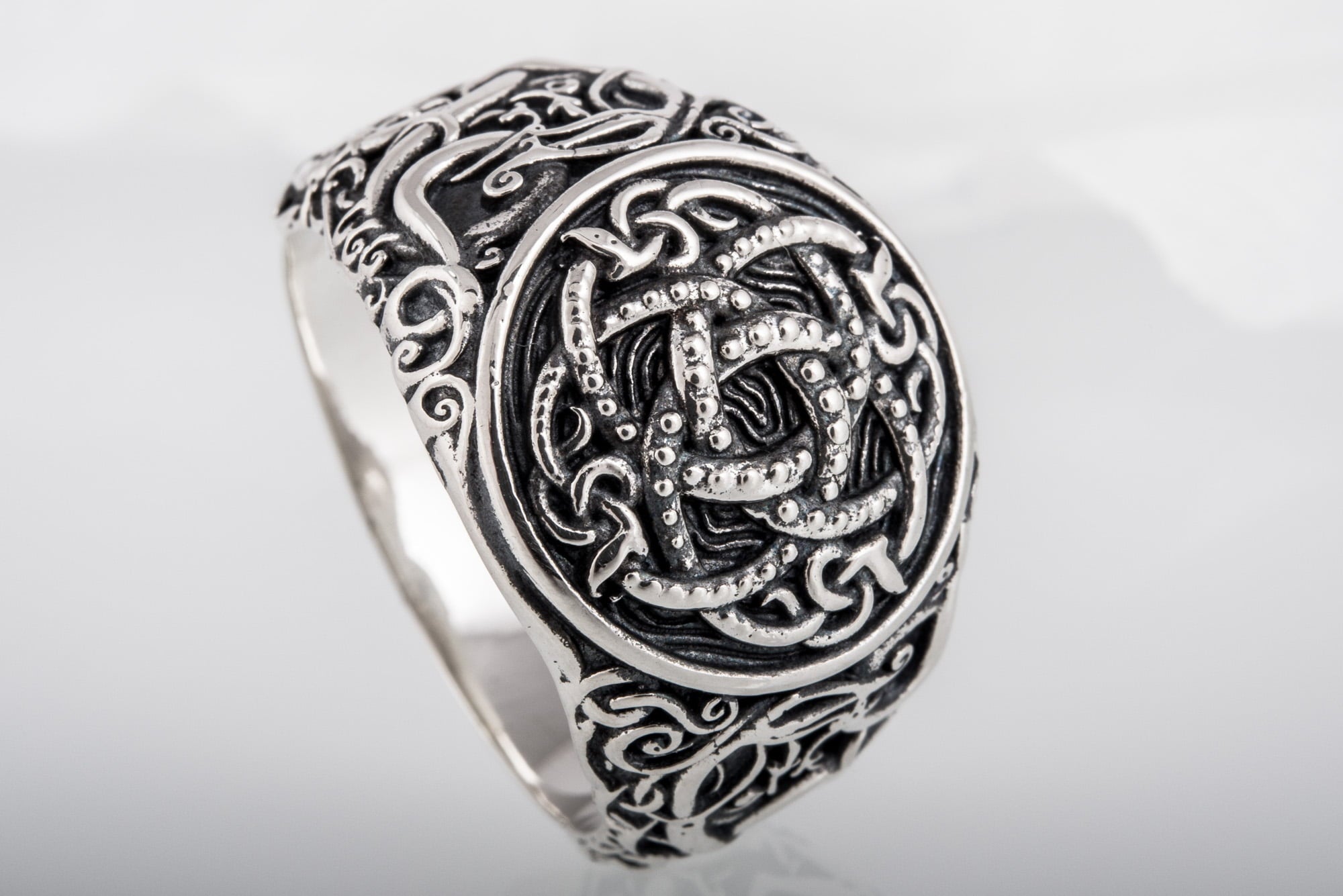 Jormungandr Symbol with Urnes Style Sterling Silver Norse Ring - vikingworkshop