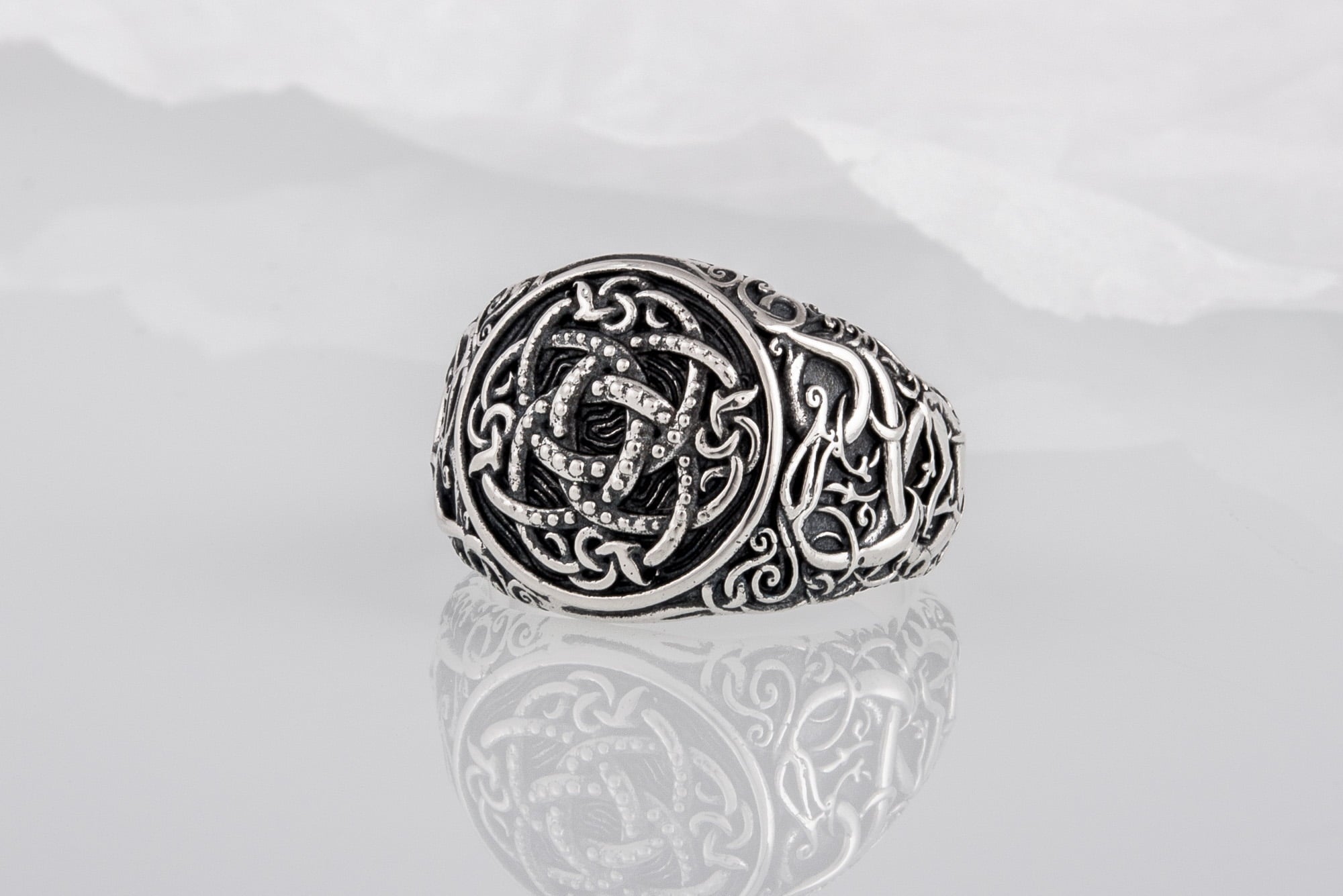 Jormungandr Symbol with Urnes Style Sterling Silver Norse Ring - vikingworkshop